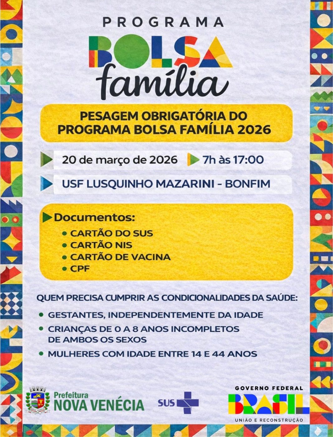 Pesagem obrigatória do Bolsa Família será realizada em Nova Venécia no dia 20 de março