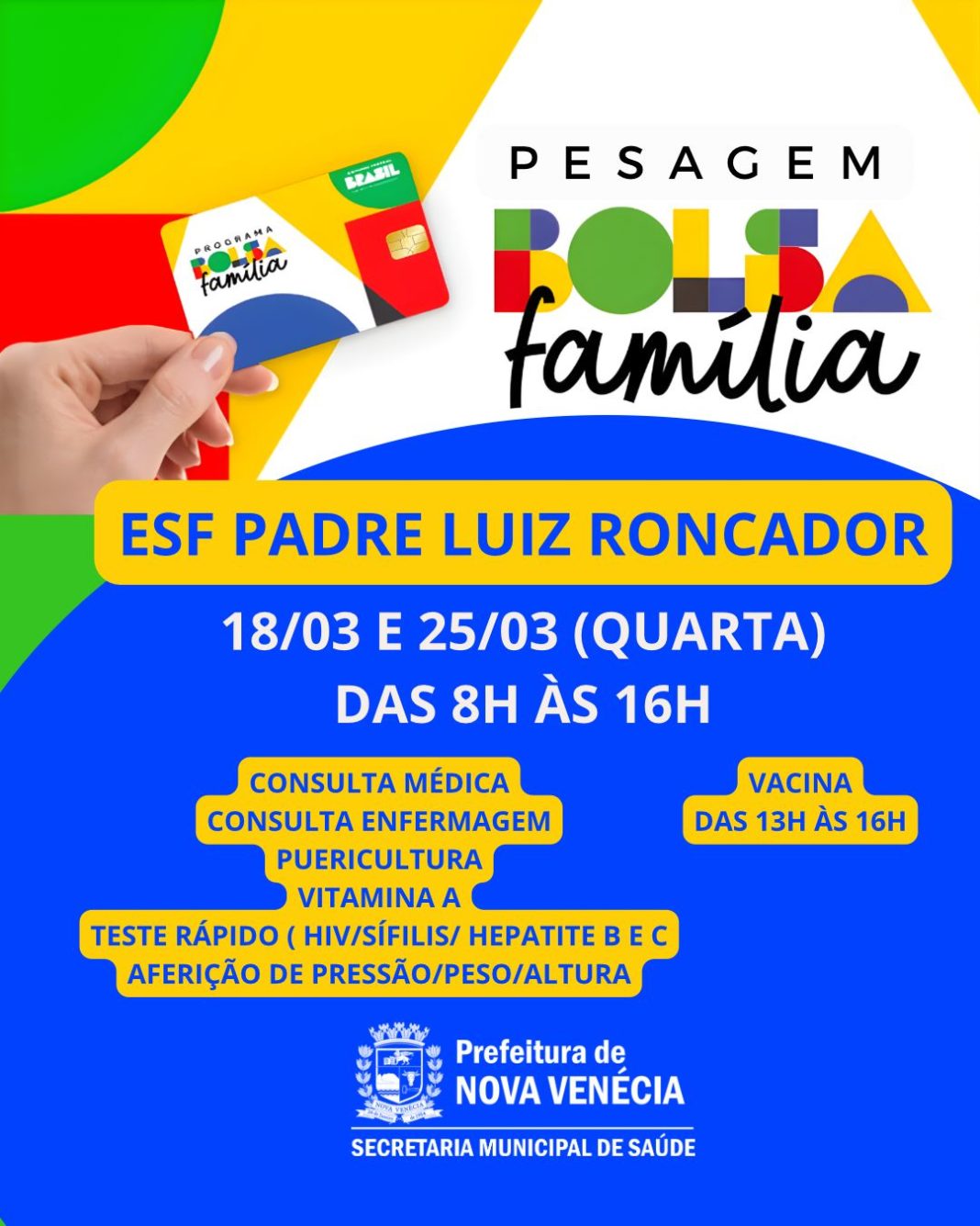 Secretaria de Saúde realiza pesagem do Bolsa Família nos dias 18 e 25 de março em Nova Venécia