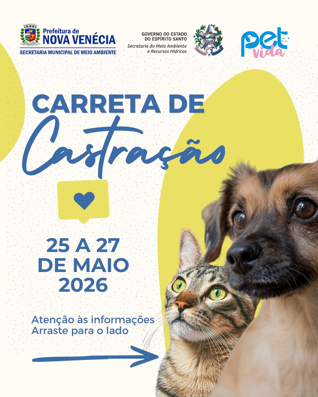 Nova Venécia realiza ação gratuita de castração e vacinação de cães e gatos entre os dias 25 e 27 de maio